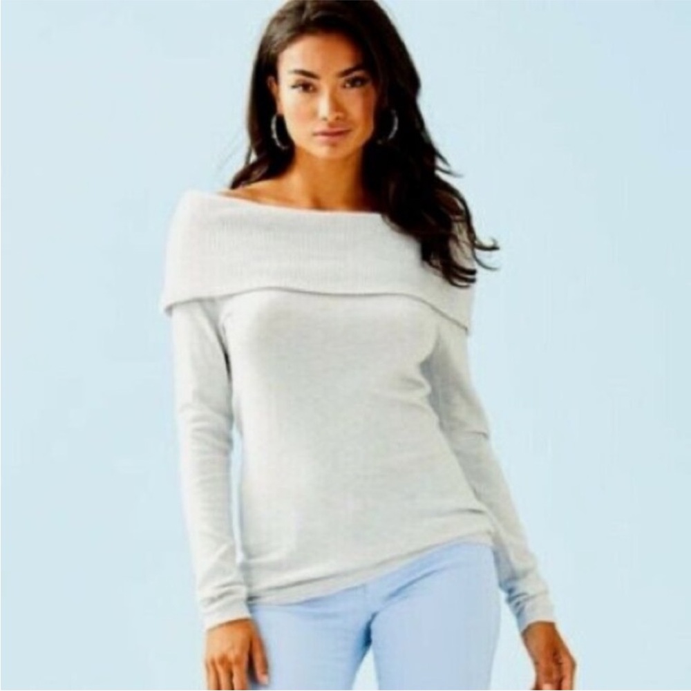 Lilly Pulitzer NWT Christin Sweater Sea Pebble Gray Off-Shoulder Sweater L